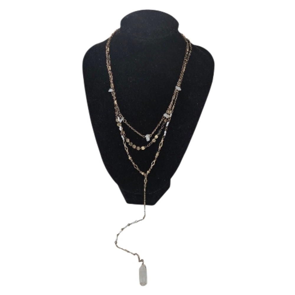 Free People Layered Gold Tone Necklace w/ Quartz Lariat Boho Festival
